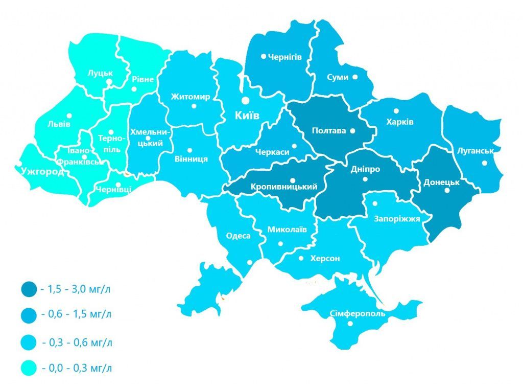 Вміст фтору у воді в регіонах України